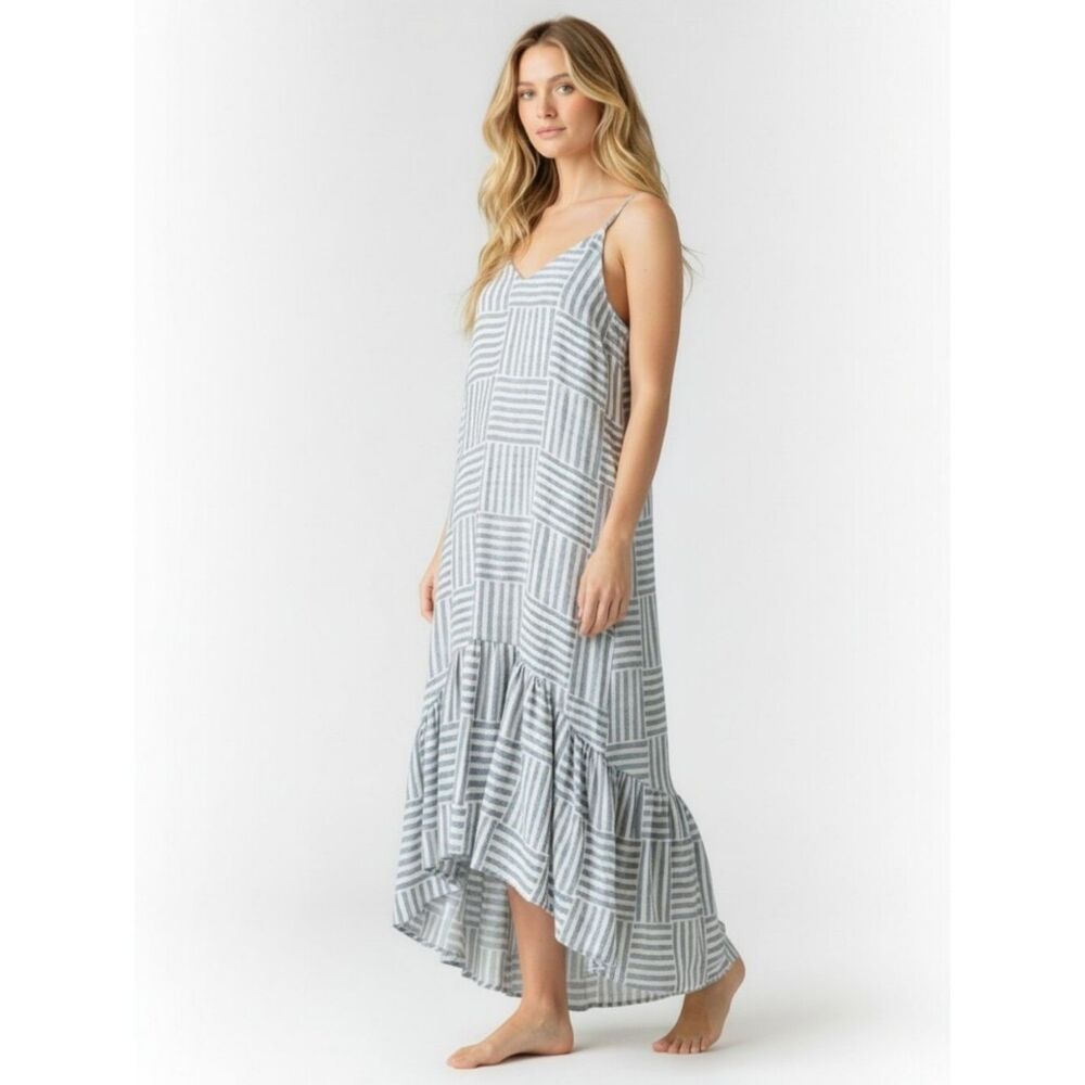 Lucca Patchwork Blue Striped Ruffle Hem Relaxed High Low Poplin Midi Dress XS